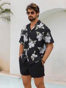 Manfinity Swimmode Men Floral Print Short Sleeve Single Breasted Shirt & Shorts Beach Suit Set Man Swim Trunks