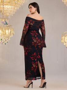 Modelyn Vestido elegante de mujer talla grande con manga de campana y estampado floral off shoulder