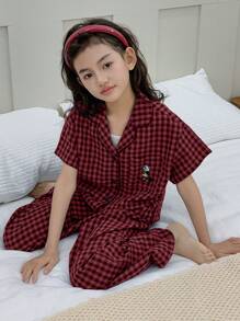 DAZY Conjunto de ropa de casa para niña preadolescente con pantalón largo y manga corta con patrón a cuadros y bordado, para primavera/verano