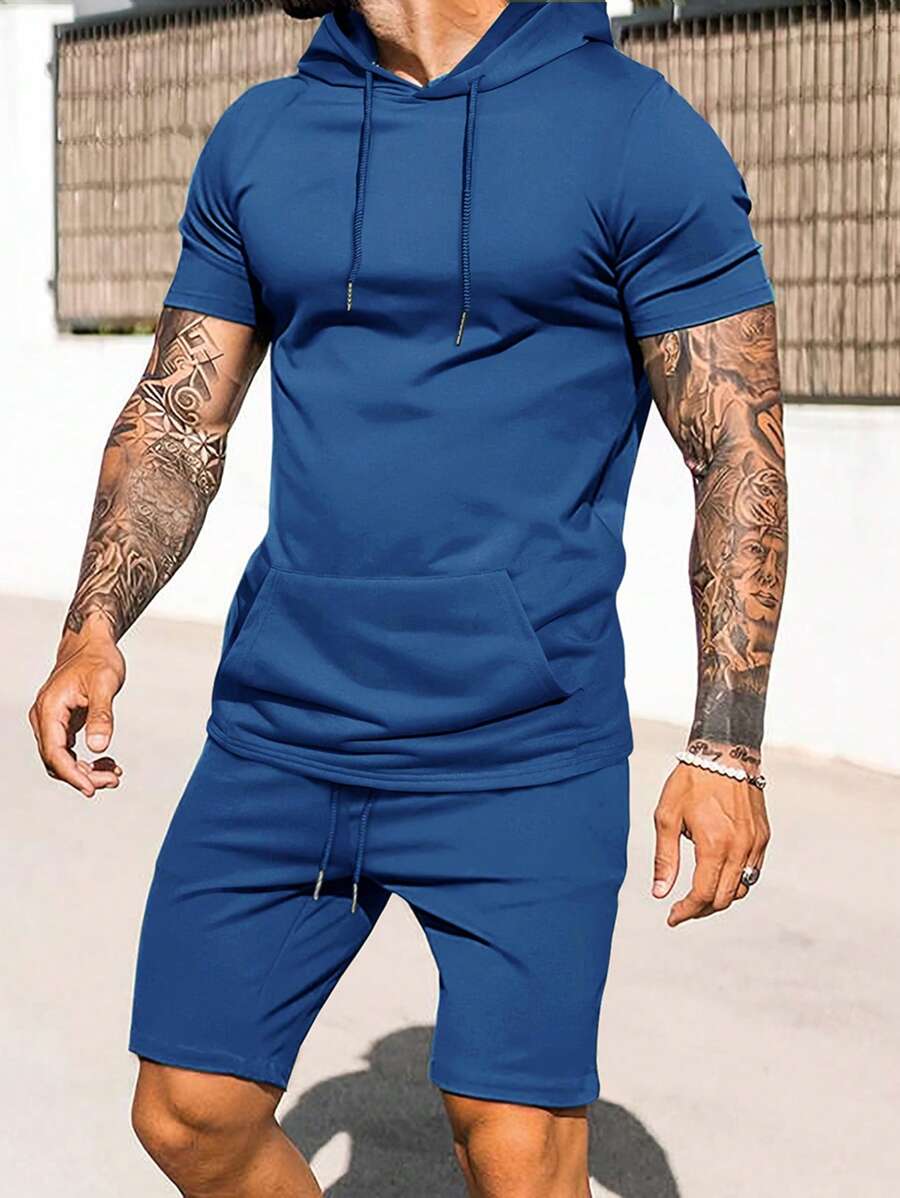 Manfinity Homme 2pcs/Set Men's Casual Solid Color Drawstring Hooded Short Sleeve T-Shirt And Shorts Men 2 Pieces Sets - Royal Blue - View 1