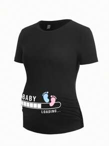 Modmama T-shirt de maternité ajusté à manches courtes avec imprimé lettre et empreinte de pied, mélange de coton