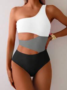 1pc Women's Contrast Color Shoulder One-Piece Swimsuit For Summer Beach Vacation - Multicolor - View 3