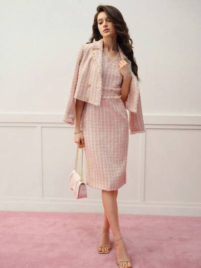 MOTF PREMIUM TWEED RAW TRIM SLEEVELESS DRESS