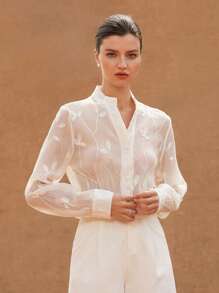 Aveloria Rosie Camisa elegante de mujer de manga corta, cuello en V, abotonada, de tela transparente y bordada de alta calidad