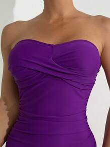 SHEIN Swim Chicsea 1pc Solid Color Ruched Bandeau One-Piece Swimsuit, For Beach Holiday - Purple - View 5