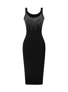Solid Color Rhinestone Embellished Sleeveless Bodycon Mid-Length Dress - Black - View 3