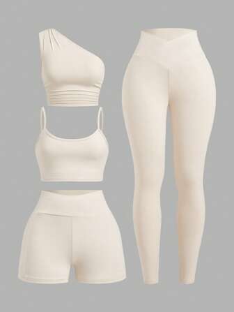 SHEIN EZwear Women's 4 Piece Outfits Exercise Scoop Neck Sports Bra One Shoulder Tops High Waist Shorts Leggings Active Set,Apricot Color, Outdoor Wear