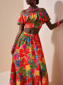 Zivah 2pcs/Set Women's Tropical Plant Print Off Shoulder Crop Top And High Slit Skirt Vacation Casual Outfit