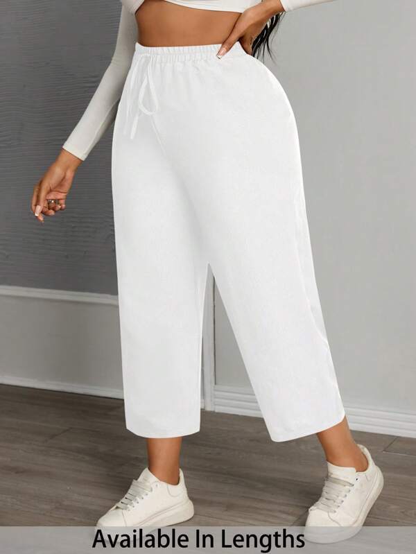 SHEIN PETITE CURVE Plus Size Women Solid Color Tied Waist Wide Leg Casual Pants