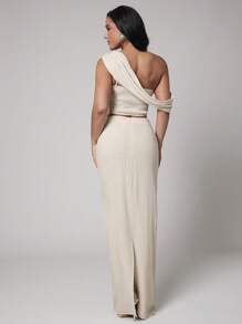 Silquee Premium Quality Graduation Spring/Summer "Luxury In Linens, Take It Slow, Timeless Linens" Solid Beige, Apricot, Natural White Linen Women's Fashion Asymmetrical Neck Ruched Slim Fit Top. - Beige - View 2