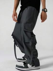 Chillumni Men Flap Pocket Side Drawstring Waist Cargo Pants - Dark Grey - View 4