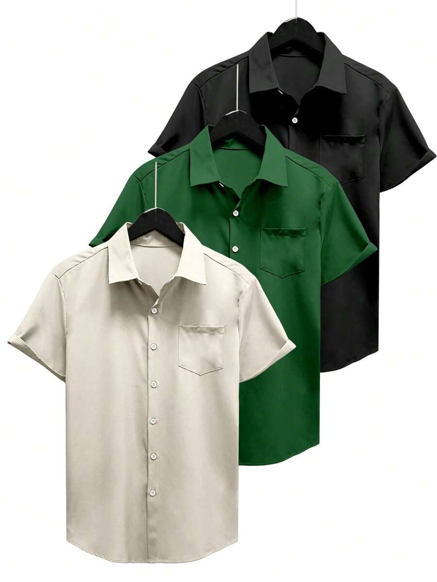 Manfinity Homme Set de 3 camisas casuales de manga corta de unicolor con bolsillo para hombres