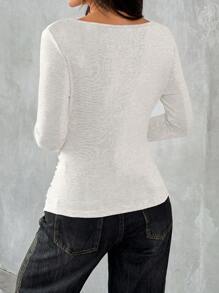SHEIN EZwear Plus Size Women's Solid Round Neck Long Sleeve Fitted Casual Top