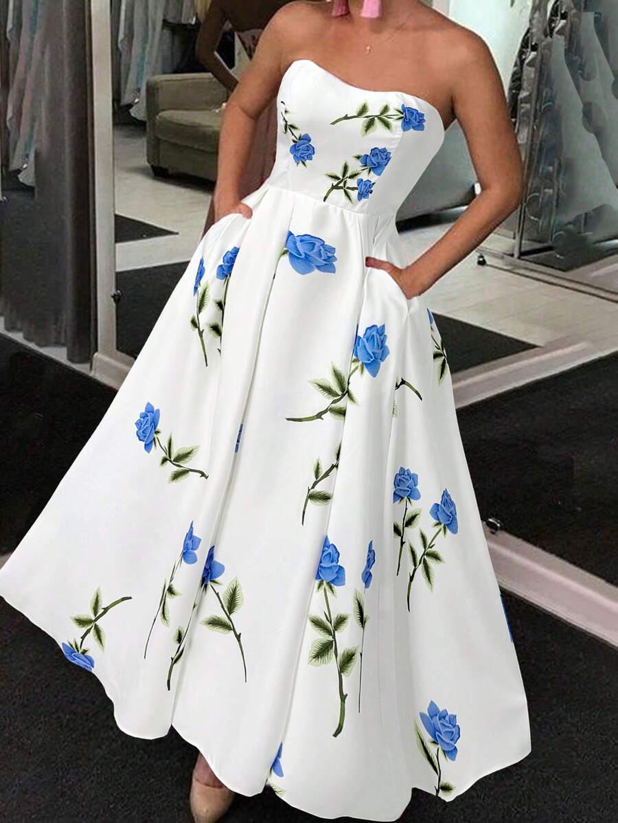 Firerie Váy midi không tay họa tiết hoa hồng chữ A thanh lịch dành cho nữ có túi, mùa hè - Xanh và trắng - Xem 1