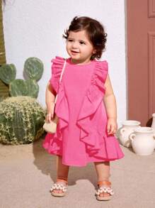 SHEIN Babygirl Sweet Orange Ruffle Hem Summer Vacation Dress - Hot Pink - View 10