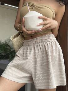 Sunnyshic Khaki Textured Fabric Frill Waist Elastic Waist Loose Casual Vacation Style Shorts, Versatile For Spring/Summer