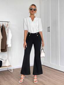 EMERY ROSE Pantalones ajustados con campana y botones de metal para mujer, pantalones formales y de negocios a la moda
