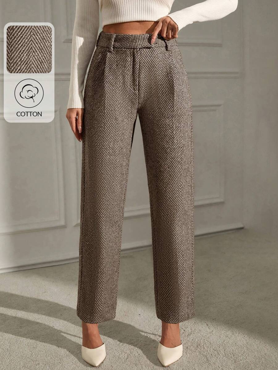 SHEIN Tall 高码女式条纹简约直筒裤,休闲日常穿着 - 棕色 - 查看 1