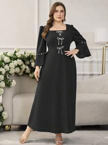 Modelyn Plus Size Long Sleeve Solid Color Bow Pearl Decor Arabian Dress - Black - View 6