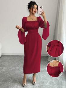 Elenzga 2025 情人节春季新款法式奢华天蓝色拼布亮片褶皱优雅后蝴蝶结腰部开衩袖 A 字形连衣裙