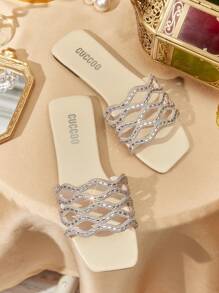 CUCCOO TILAWA Sandalias planas con punta cuadrada, decoradas con cristales, en color albaricoque con onda de agua. Adecuadas para uso diario, citas, fiestas, compras, vacaciones y bodas