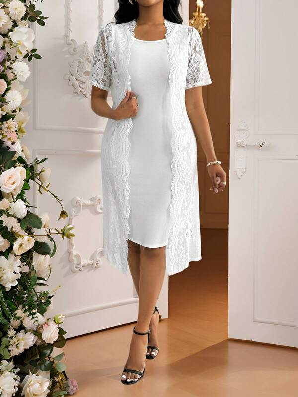 SHEIN Lady 2 Pieces Sets Ladies Women's Stylish And Elegant White Lace Small Jacket And White Versatile Hip Dress Two Pieces Suit White Dresses Classy Elegant Spring Break Summer Outfits For Women