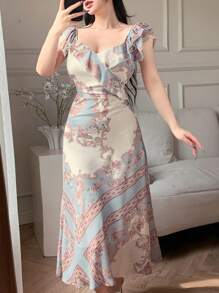 DAZY Abito estivo in chiffon da donna con scollo quadrato, vita, stampa retrò e maniche corte, con volant e decorazione floreale