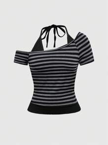 ROMWE Grunge Punk Conjunto de 2 piezas con estilo Y2K sexy para mujer - Blusa con tirantes finos, a rayas, de colores contrastantes, con nudo y espalda descubierta