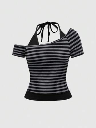 Grunge Punk Top style Y2K sexy 2 en 1 pour femmes, débardeur à fines bretelles avec rayures et nœud papillon au dos contrastant