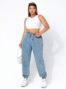 SHEIN EZwear Jeans décontractés pour femmes grandes tailles avec ceinture à nouer, poches et cordon de serrage, longueur cheville