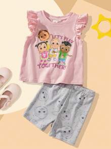CoComelon X SHEIN 2pcs Baby Girl Cartoon Figure Graphic Knit Round Neck Sleeveless Top And Biker Shorts Set