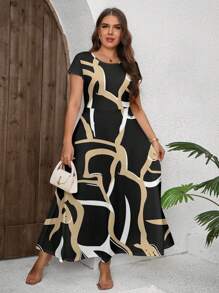 SHEIN Clasi Casual Asymmetrical Stripe Pattern Crew Neck Short Sleeve Plus Size Dress, Suitable For Spring & Summer Suitable For Going Out Chic Dress - Black - View 6