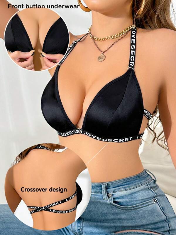 1pc Simple Letter Tape Halter Neck Bralette