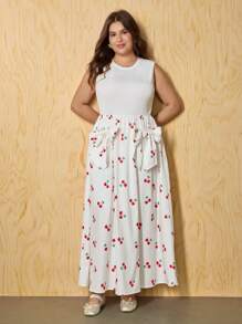 SHEIN MOD Vestido sin mangas midi con decoración de lazo, estampado, romántico y dulce, atuendo para citas, uso casual en vacaciones, talla grande