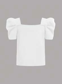 SHEIN 青少年女孩优雅蝴蝶结装饰方领泡泡袖衬衫