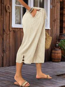 EMERY ROSE Plus Size Women's Solid Color Tie-Waist Loose 3/4 Casual Pants - Apricot - View 4