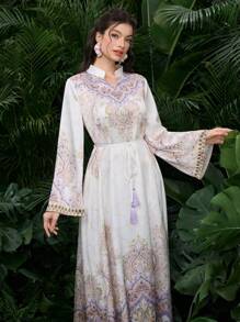 Al Najma Vestido con estampado floral elegante, manga campana, estilo árabe para mujeres - Multicolor - Ver 5