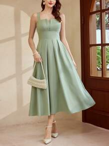 Vintamour Robe longue verte élégante et rétro pour femmes, robe ajustée évasée sans manches, printemps/été