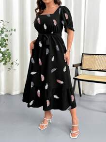 SHEIN Clasi Plus Size Women's Feather Print Elegant Square Neck Elastic Waist Puff Sleeve Dress For Summer