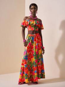 Zivah 2pcs/Set Women's Tropical Plant Print Off Shoulder Crop Top And High Slit Skirt Vacation Casual Outfit