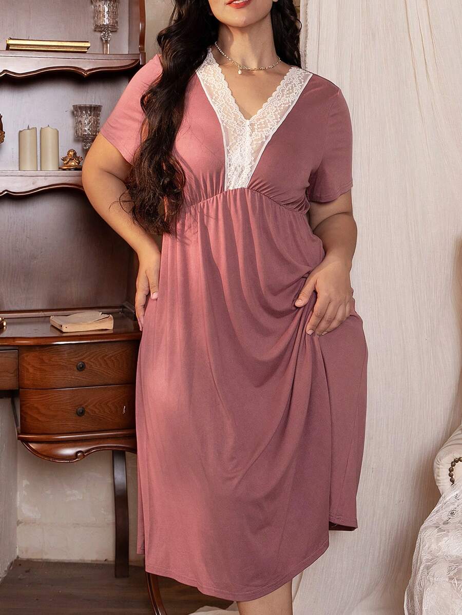 Plus Size Colorblock Lace V-Neck Cinched Waist Short Sleeve Casual Nightgown - Dusty Pink - View 1