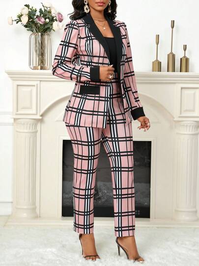 SHEIN Lady 格纹印花拼接黑领女西装外套女西装裤秋冬季日常工作聚会西装女两件套