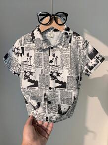 Kids Boy Casual Newspaper Print Turndown Collar Zip-Up Short Sleeve Woven Shirt, Suitable For Commuting, School, Daily Life, Vacation, Sports, Spring/Summer/Autumn/Winter