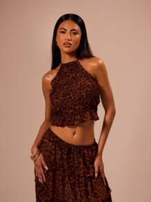 MUSERA Crop top de gasa con estampado de leopardo, con pliegues y suave, estilo bohemio, club, sexy, Ibiza, festival, verano, rave, vacaciones