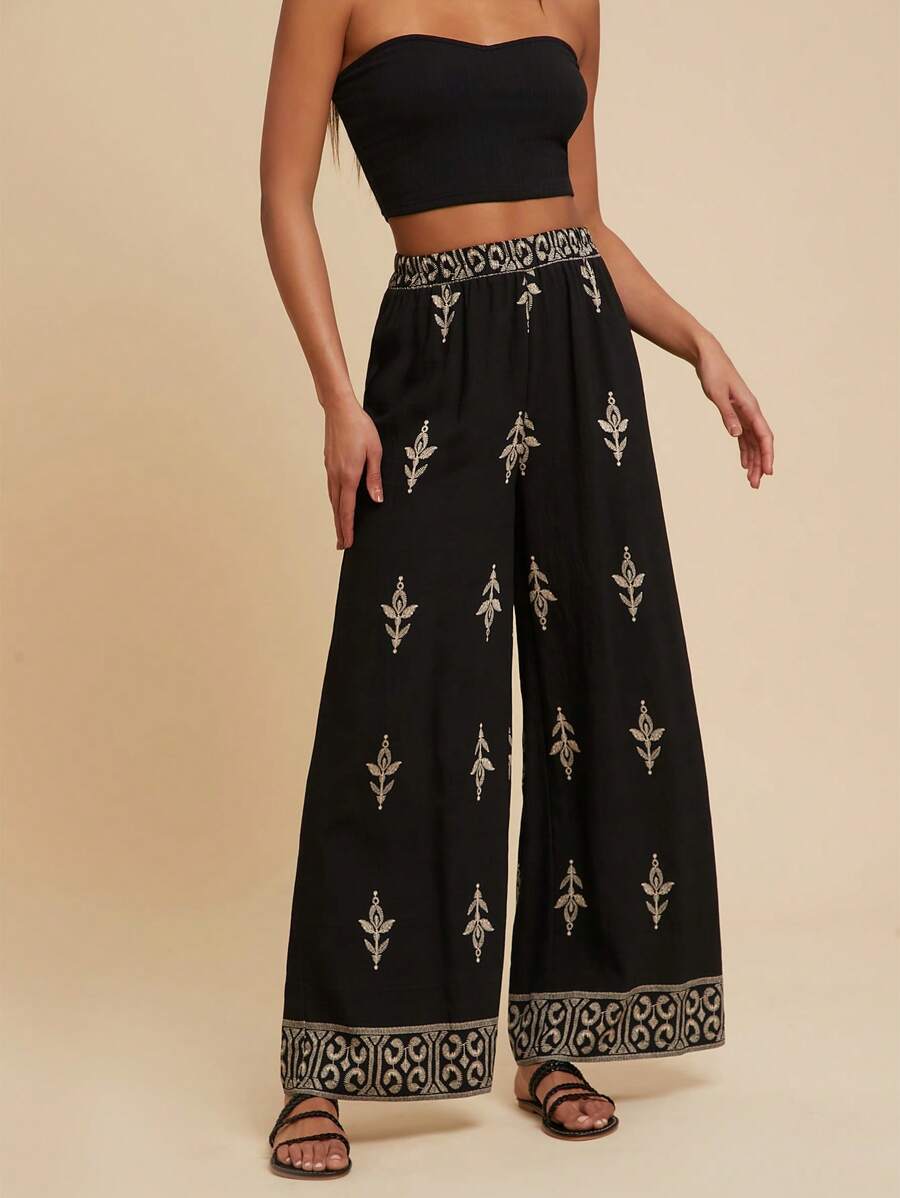 Travachic Women's Vacation Plant Pattern Floral Print Black Wide Leg Pants, Loose Casual Pants, Spring&Summer For Women, Beachwear, Easter,Beach For Woman,Spring Break,Vacation Women,Concert Women,Rave Festival,Rave, Suitable For Holiday, Afternoon Tea, Wedding Season, Beach Cruise Vacation, City Road Trip Vacation, Boho Vacation, Music Festival, Beachwear, Easter, Beach For Woman, Elegant Pants For Women, Vacation, Concert Women, Tropical Vacation, Holiday, Bohemian,For Spring Summer And Autumn