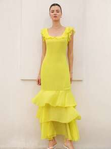 GENKIRA Elegant Ruffle Hem Layered Hem Design Fitted Waist Long Dress For Women ROMANTIC Style Inspiration  For Summer - Yellow - View 4