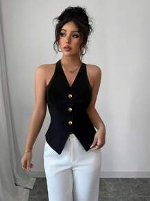 Elenzga 女士时尚纯色前扣挂脖露背上衣，夏季