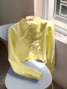 Comfortcana Backless Bowknot Cropped Striped Shirt - Yellow - View 2