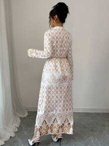 Elenzga 最新款 V 领长袖优雅印花连衣裙，带装饰流苏、收腰和 A 字下摆，适合春夏季 - 彩色 - 查看 2