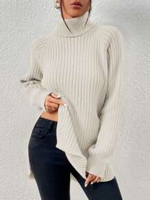 EURMUSE Hoher Kragen Raglan-ärmel Rippstrickpullover Mit Gespaltenem Saum - Aprikosenfarben - Übersicht 3